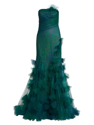 Rene Ruiz Collection Women's Printed Lace Strapless Fit & Flare Gown In Green