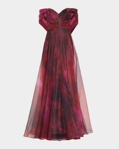 Rene Ruiz Collection Wrap-sleeve Off-the-shoulder Organza Gown In Red