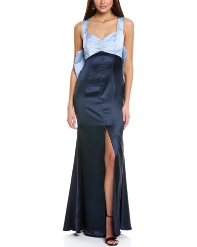 Rene Ruiz Crepe Mermaid Gown With Satin Bow Detail In Blue