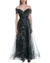 Rene Ruiz Draped A-line Printed Organza Gown In Green