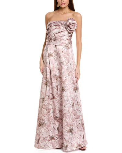 Rene Ruiz Floral Embellished Strapless Gown In Beige