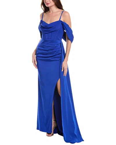 Rene Ruiz Gathered Taffeta Gown In Blue