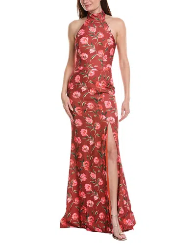 Rene Ruiz Halter Neck Belted Waist Floral Gown In Multi