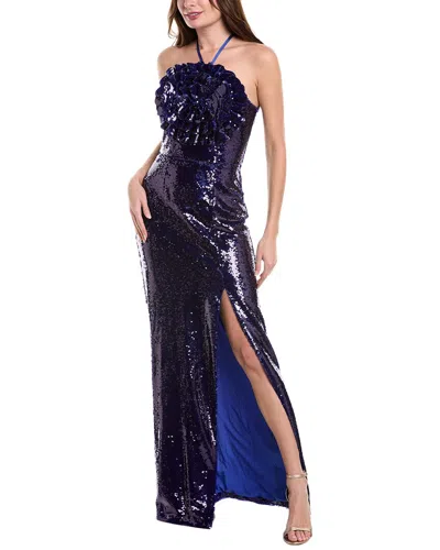 Rene Ruiz Halter Top Sequin Gown In Blue