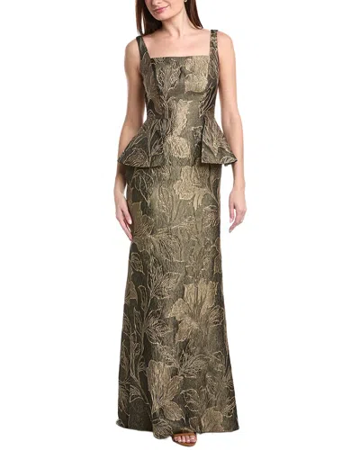 Rene Ruiz Jacquard Peplum Gown In Metallic