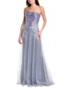 Rene Ruiz Metallic Tulle Overlay Gown In Gray