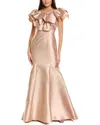Rene Ruiz V-neck Macado Gown With Pockets In Beige