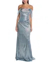 Rene Ruiz Off-shoulder Metallic Gown In Blue