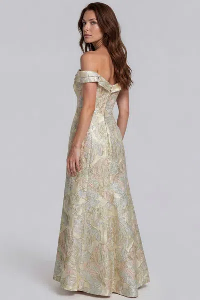 Rene Ruiz Off The Shoulder Floral Jacquard Gown In Gray