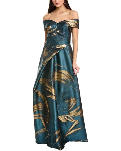 Rene Ruiz Off The Shoulder Jacquard A Line Gown In Blue