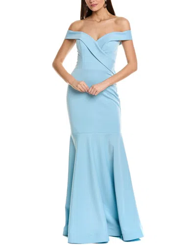 Rene Ruiz Off The Shoulder Scuba Mermaid Gown In Blue