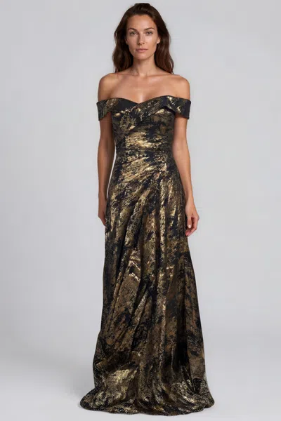 Rene Ruiz Off The Shoulder Metallic Jacquard Draped Column Gown In Gold