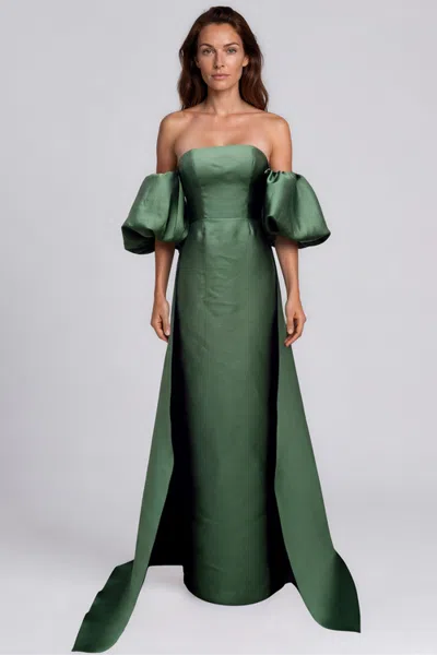 Rene Ruiz Off The Shoulder Mikado Column Gown In Green