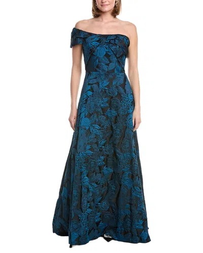Rene Ruiz Off-the-shoulder Mikado Fit & Flare Gown In Blue
