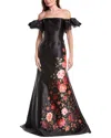 Rene Ruiz Off-the-shoulder Printed Crepe Gown In Black