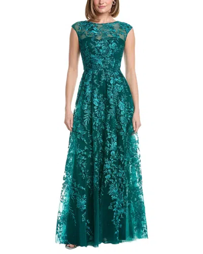Rene Ruiz Off-the-shoulder Embroidered Tulle Gown In Green