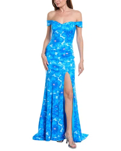 Rene Ruiz Off-the-shoulder Folded Neckline Gown In Blue