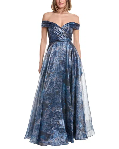 Rene Ruiz Off-the-shoulder Metallic Gown In Blue