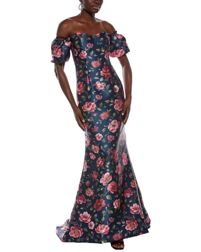 Rene Ruiz Off-the-shoulder Sculpted Bodice Puff Sleeve Gown In Blue