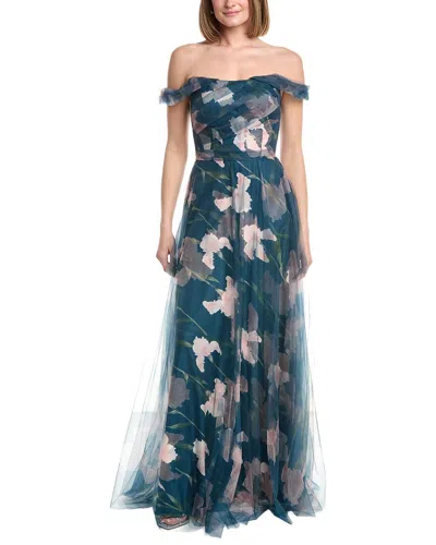 Rene Ruiz Off-the-shoulder Tulle Floral Gown In Green