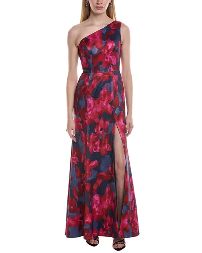 RENE RUIZ ONE-SHOULDER DRAPED FLARE HEM GOWN