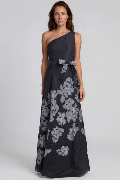 Rene Ruiz One Shoulder Floral Boarder Print Mikado A-line Gown In Black