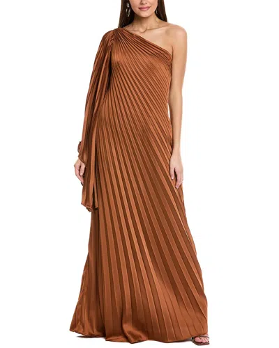 Rene Ruiz One Shoulder Pleated Satin Gown In Brown