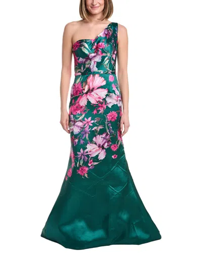 Rene Ruiz One Shoulder Printed Mikado Gown In Green