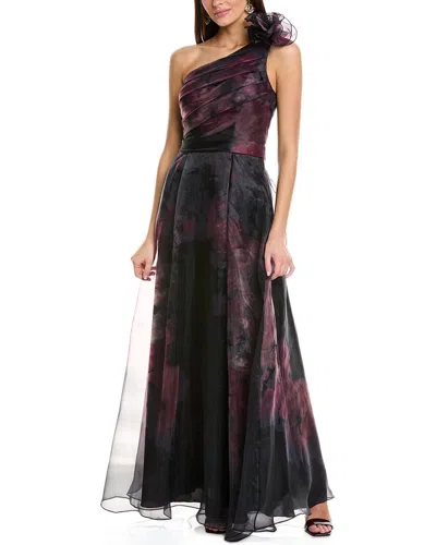 Rene Ruiz One Shoulder Printed Organza Gown With F In Black