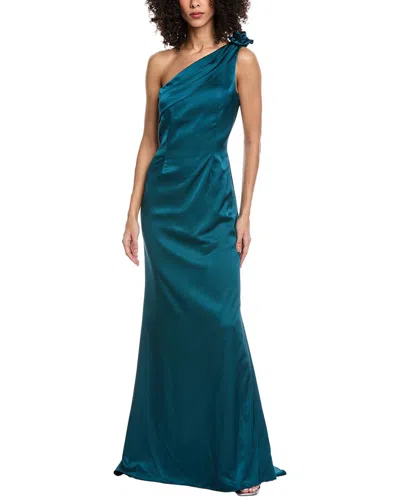 Rene Ruiz One-shoulder Satin Column Gown In Blue