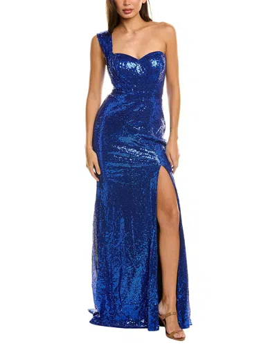 Rene Ruiz One-shoulder Sweetheart Sequin Gown In Blue