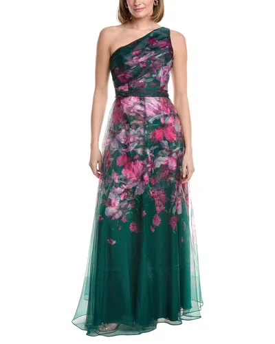 Rene Ruiz One-shoulder 3d Applique Floral A-line Gown In Green