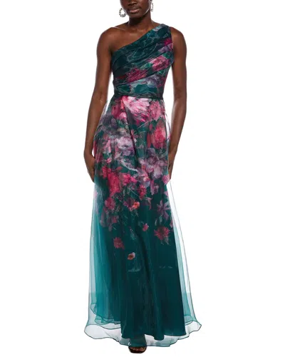 Rene Ruiz One-shoulder 3d Applique Floral A-line Gown In Green