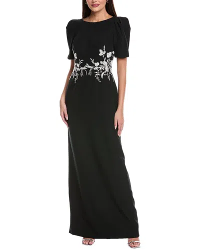 Rene Ruiz Puff Sleeve Crepe Column Gown In Black