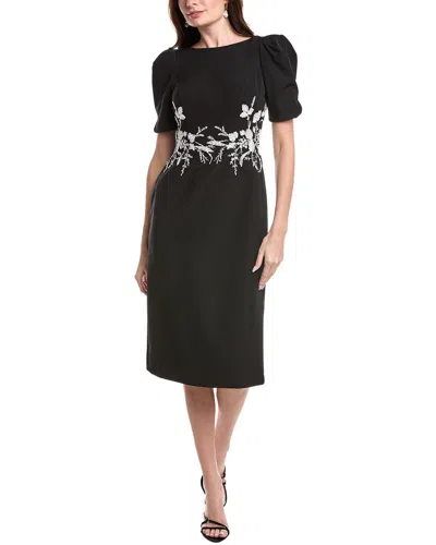 Rene Ruiz Short Sleeve Crepe Sheath Midi Dress In Black