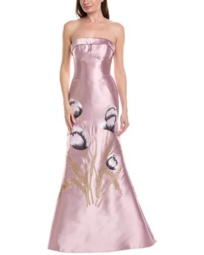 Rene Ruiz Strapless Draped Bodice Floral Gown In Purple