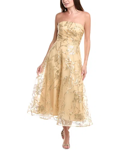 Rene Ruiz Strapless Embroidered Tea-length Dress In Gold