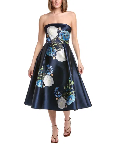 Rene Ruiz Strapless Floral Mikado Tea Length Dress In Navy