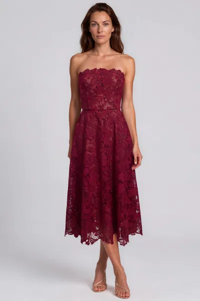 Rene Ruiz Strapless Guipure Lace A-line Midi Cocktail In Burgundy