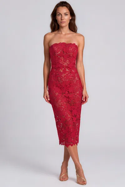 Rene Ruiz Strapless Guipure Lace Column Midi Dress In Red