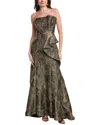 Rene Ruiz Strapless Metallic Jacquard Gown In Gold