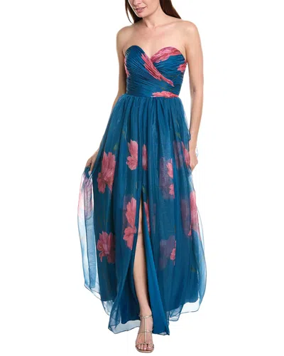 Rene Ruiz Strapless Sweetheart Pleated Bodice Floral Gown In Blue