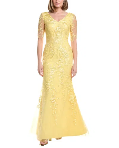 Rene Ruiz V-neck Elbow Sleeves Trumpet Gown In Yellow