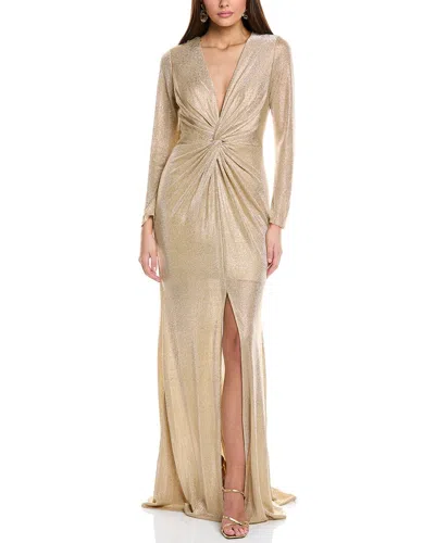 Rene Ruiz V-neck Puff Sleeve Plisse Gown In Gold