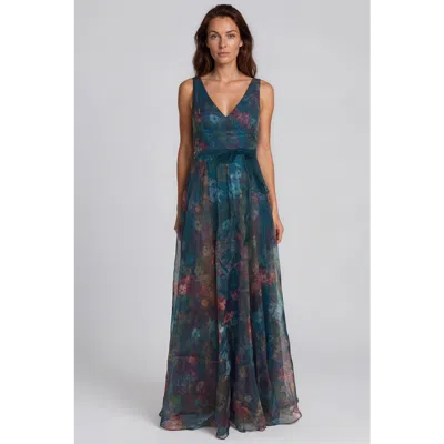 Rene Ruiz V-neck Floral Printed Organza Waist Tie A-line Gown In Green