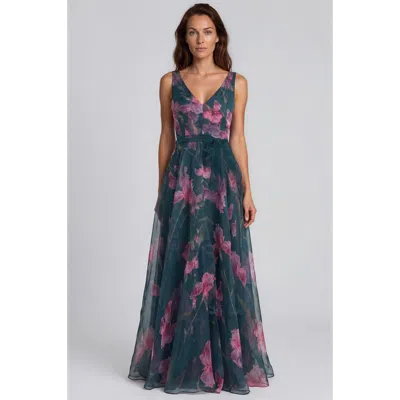 Rene Ruiz V-neck Floral Printed Organza Waist Tie A-line Gown In Green