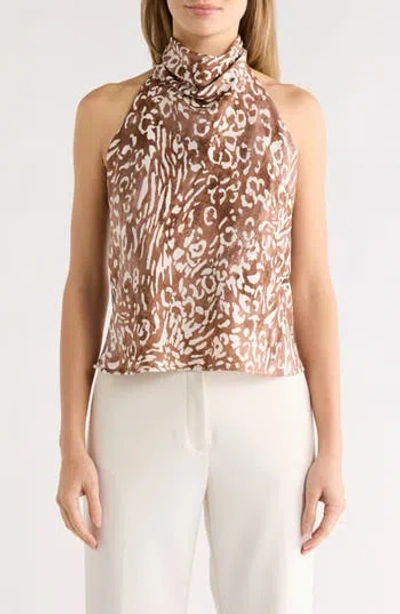 Renee C Animal Print Satin Halter Neck Top In Brown