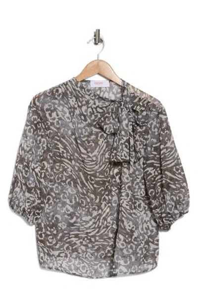 Renee C Animal Print Tie Neck Top In Charcoal