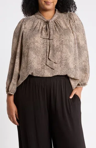 Renee C Animal Print Tie Neck Top In Taupe