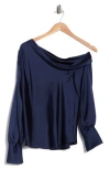 Renee C Asymmetrical Drop Shoulder Satin Top In Blue